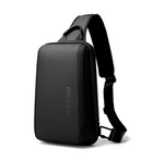 Sleek black cross-body shoulder bag with a textured finish and adjustable strap.