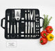 Complete stainless steel BBQ tool set in a black travel carrying case with red and yellow peppers.