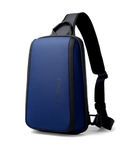 Blue single-shoulder crossbody sling bag with black straps and adjustable buckle
