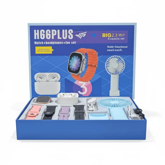 H66PLUS smart watch, wireless headphones, and portable handheld fan gift set in blue box