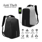 Black and grey anti-theft backpack with integrated USB charging port and water repellent fabric.