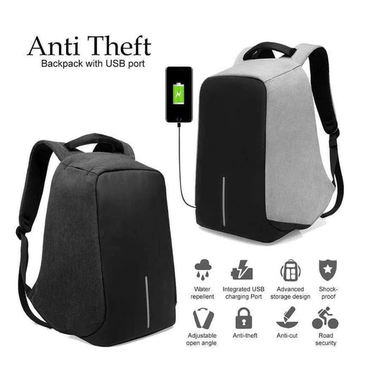 Black and grey anti-theft backpack with integrated USB charging port and water repellent fabric.