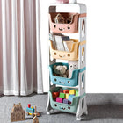 Multicolor rolling storage organizer with four bins holding toys, books, and colorful blocks.