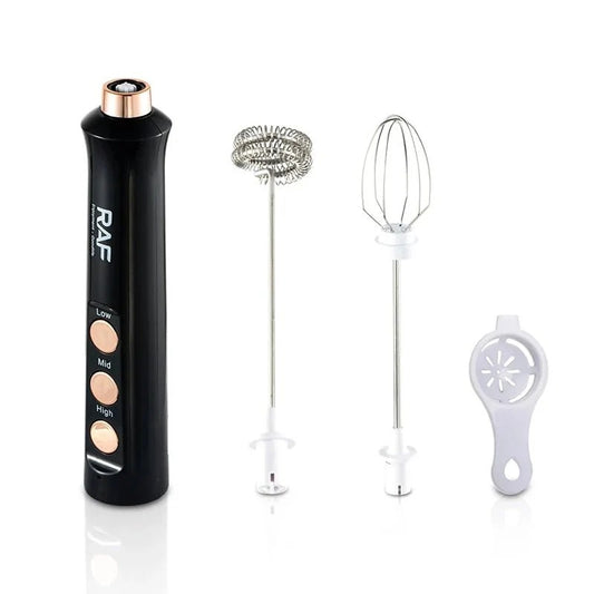 Black RAF handheld electric milk frother with three interchangeable whisk attachments