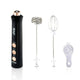 Black RAF handheld electric milk frother with three interchangeable whisk attachments