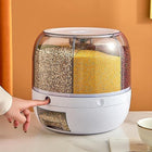 Transparent rotating grain dispenser with compartments for lentils, corn, and seeds.