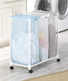 Rolling laundry sorter with three mesh bags in light blue, white, and grey in a laundry room