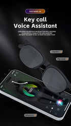 Smart sunglasses with voice assistant feature and integrated music playback controls.