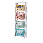 Four-tier pastel colored rolling storage cart with cute animal face bins for baby essentials.