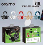 Oraimo i16 wireless headset in black, white, red, gold, and blue colors with product packaging.