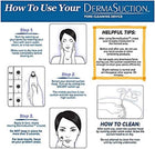 Infographic guide on how to use a DermaSuction pore cleaning device and cleaning tips.