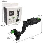 Black 360 degree rotating car phone holder with adjustable mounting arm and packaging.