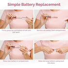 Step-by-step guide for simple battery replacement in a handheld electronic device.