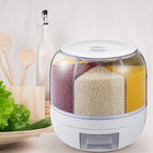 Multi-compartment rotating grain dispenser with clear storage for rice, beans, and seeds.