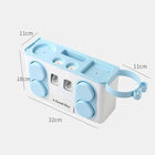 Light blue and white multi-functional kitchen organizer with storage compartments and dimensions.