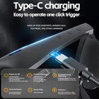 Black smart glasses being charged with a Type-C cable for music and voice assistant use.