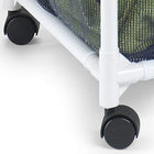 Close-up of a white laundry hamper frame with black swivel caster wheels