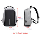 Grey and black laptop backpack with dimensions for a 15.6-inch laptop.