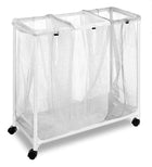 White mesh 3-compartment rolling laundry hamper with wheels