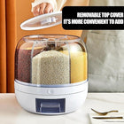 Transparent rotating grain dispenser with removable top cover for kitchen storage.
