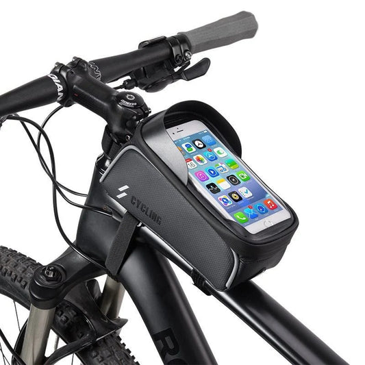 Black CYCLING bike handlebar bag with a smartphone in a clear touch screen window