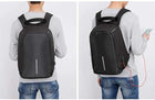 Black ergonomic backpack with USB charging port for daily travel and commuting.