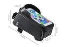 Black bicycle handlebar bag with smartphone holder and dimensions