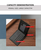 Black compact bifold wallet with photo ID window, two cash slots, and three card slots.