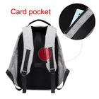Grey fabric backpack featuring a hidden zippered card pocket on the back panel.
