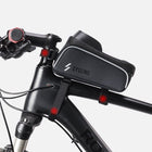Black cycling frame bag attached to a bike top tube with reflective safety strips