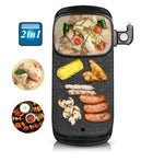2-in-1 electric hot pot and grill with soup, corn, chicken wings, and sausages.