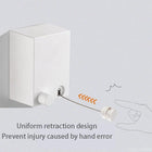 White retractable cord device with uniform retraction design to prevent hand injury.