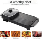 Electric multi-functional grill and hot pot cooker for barbecue, stir fry and steak.