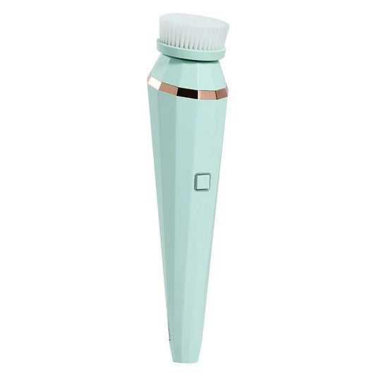 Mint green electric facial cleansing brush with rose gold accents