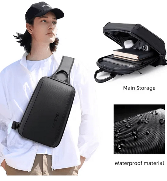 Black waterproof cross-body sling bag for men with main storage and water-resistant fabric.