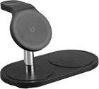 Black dual wireless charging station with adjustable stand for smartphones and earbuds.