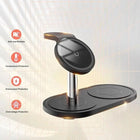 Black dual wireless charging station with vertical stand and temperature protection.