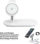 White 3-in-1 wireless charging station for smartphones, smartwatches, and wireless earbuds.