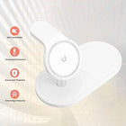 White wireless charging station with safety protection features for smart devices.